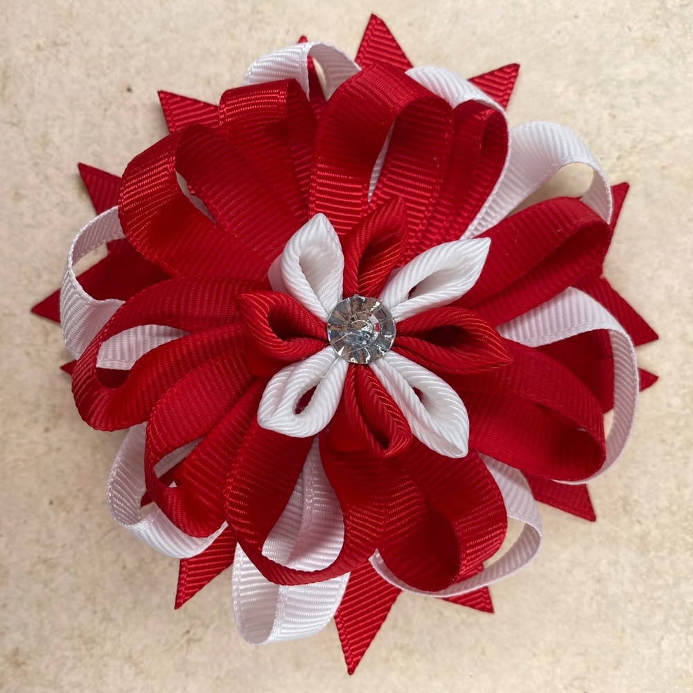Kanzashi Petal Flower Hair Bow on Alligator Clip-Multi-layers two-Tone Hair Bow